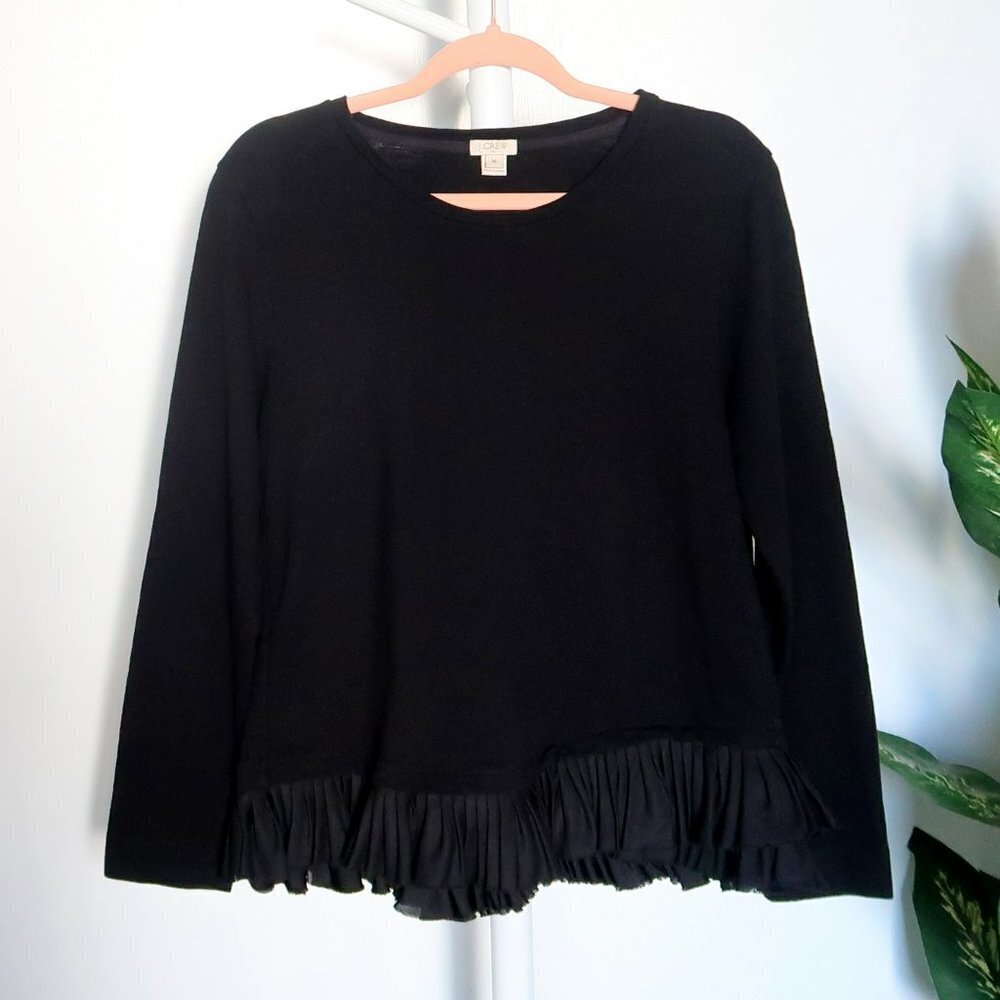 J. Crew Black Cotton Long Sleeve Pleated Hem Crew Neck Sweatshirt Top Size M